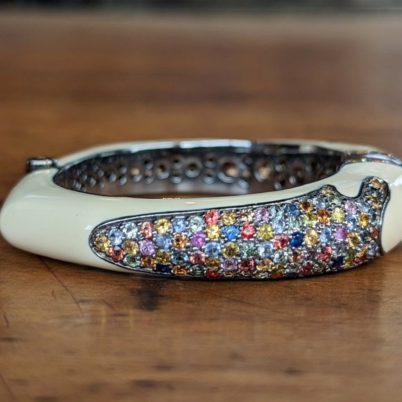 Rina Limor Off White Enamel Bracelet 925 Sterling Silver Clamper Bangle Signed - Picture 3 of 8